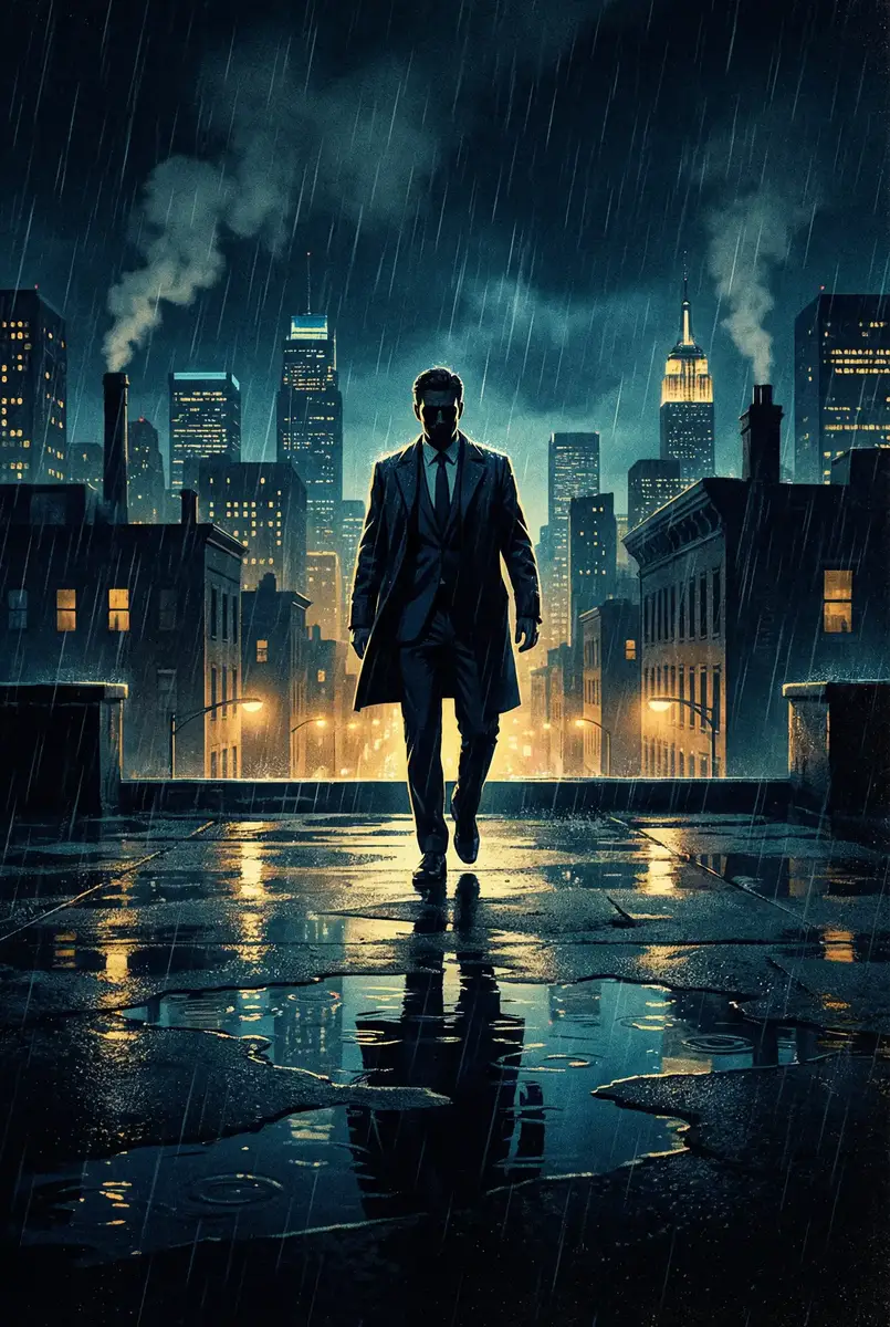 发电俏娇娃 出品影片《雨夜独行者》海报，雨中城市屋顶男性剪影
